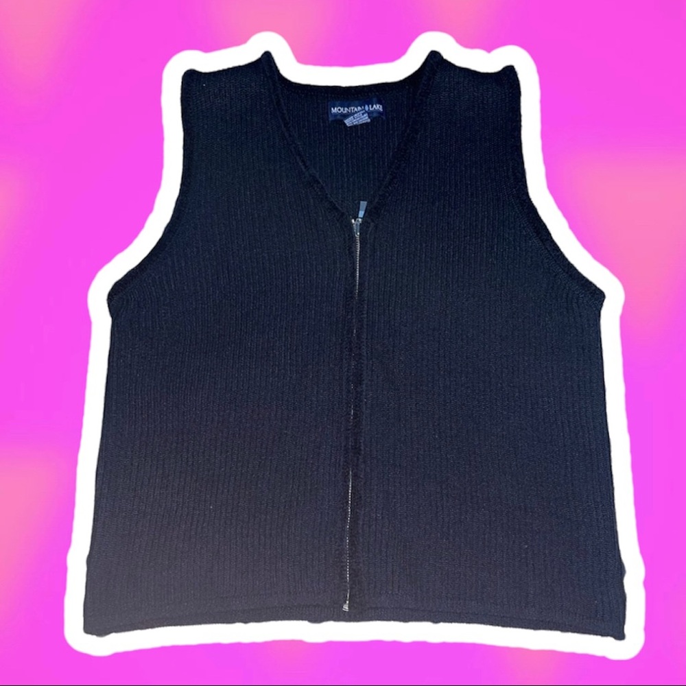 Vintage Mountain Lake Small Ribbed Zippered Sweater Vest Black 90s Grunge Top